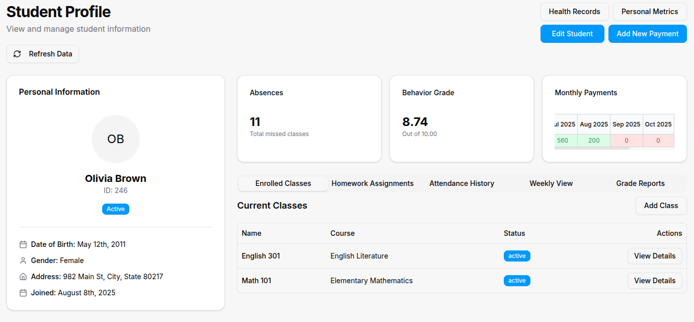 Student detail page