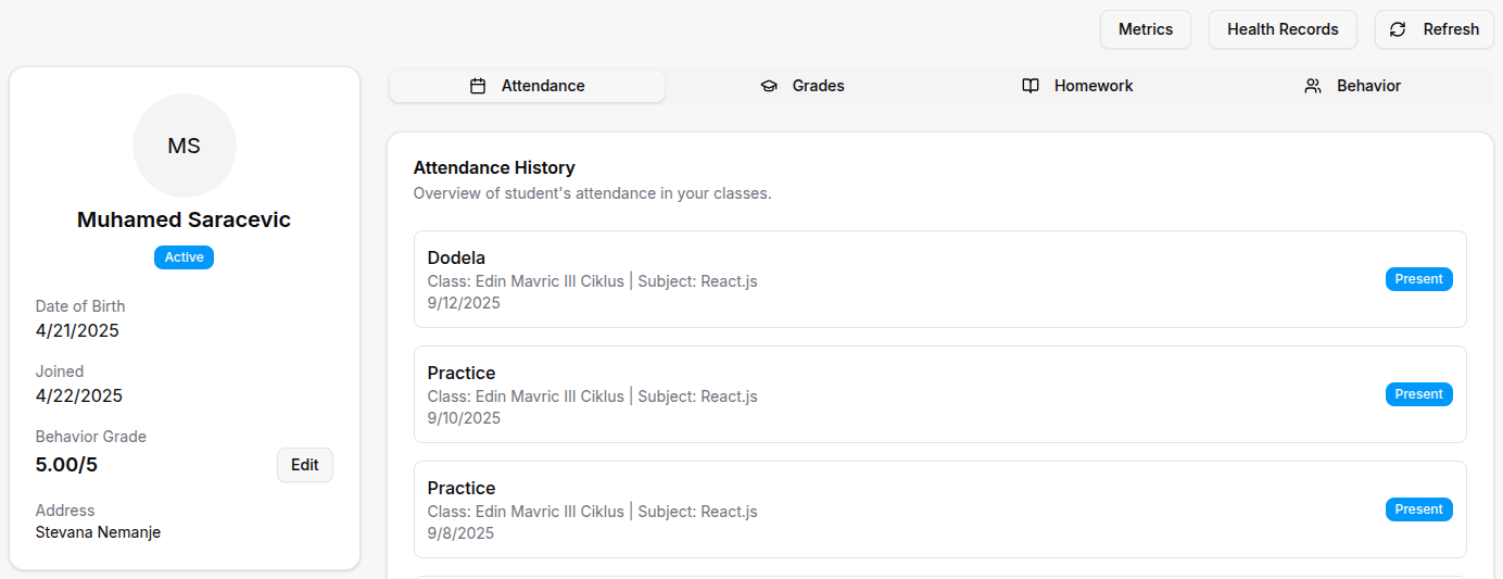 Teacher student detail page